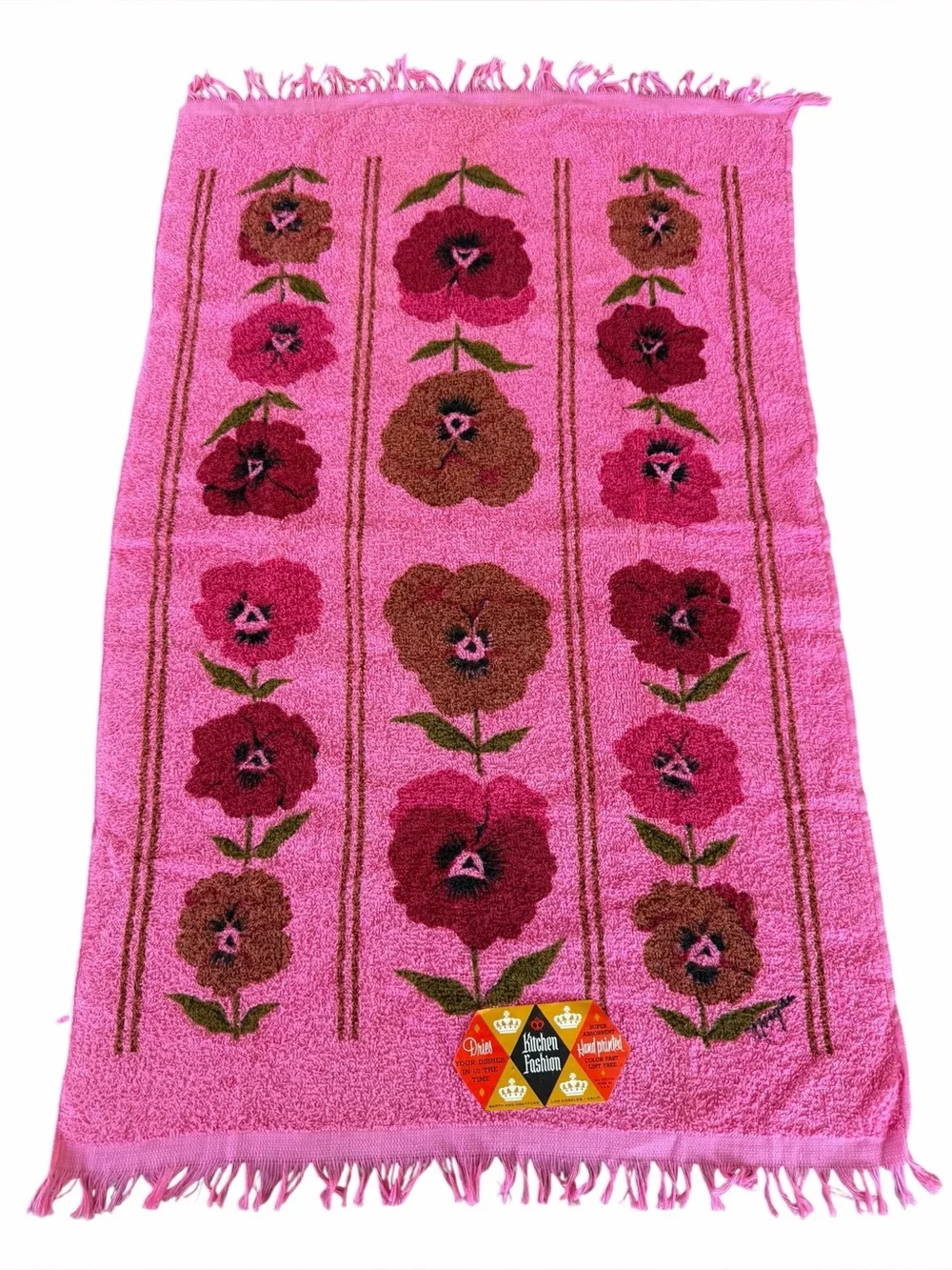 Vintage Canon Hot Pink Floral Fringed Kitchen Towel NOS 100% Cotton USA 17x30